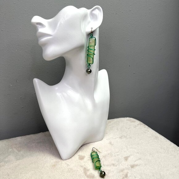 Acrylic Dangle Earrings Green Iridescent Wire Wrapped Bead Hook Chunky - Picture 2 of 5